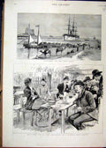 Original Old Antique Print Kantarah Suez Canal 1886 German Beer Garden Drinking