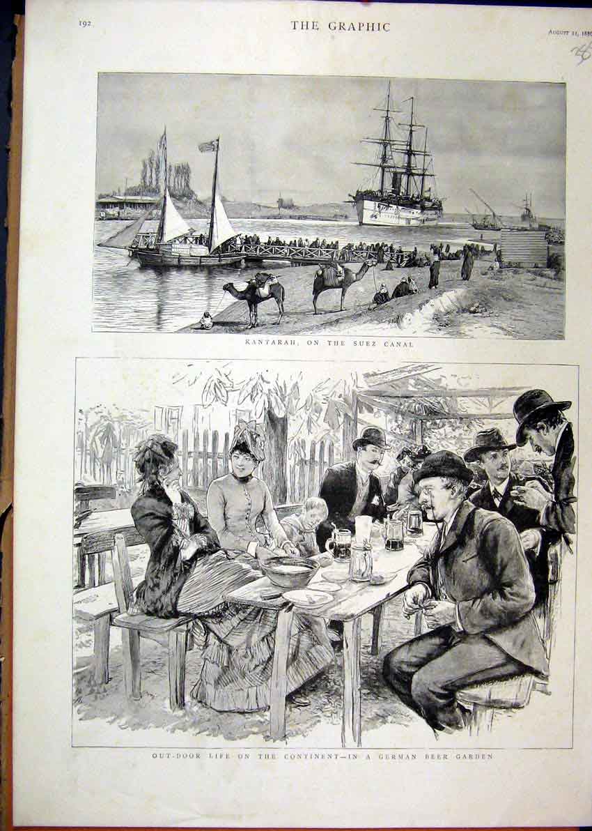 Original Old Antique Print Kantarah Suez Canal 1886 German Beer Garden Drinking