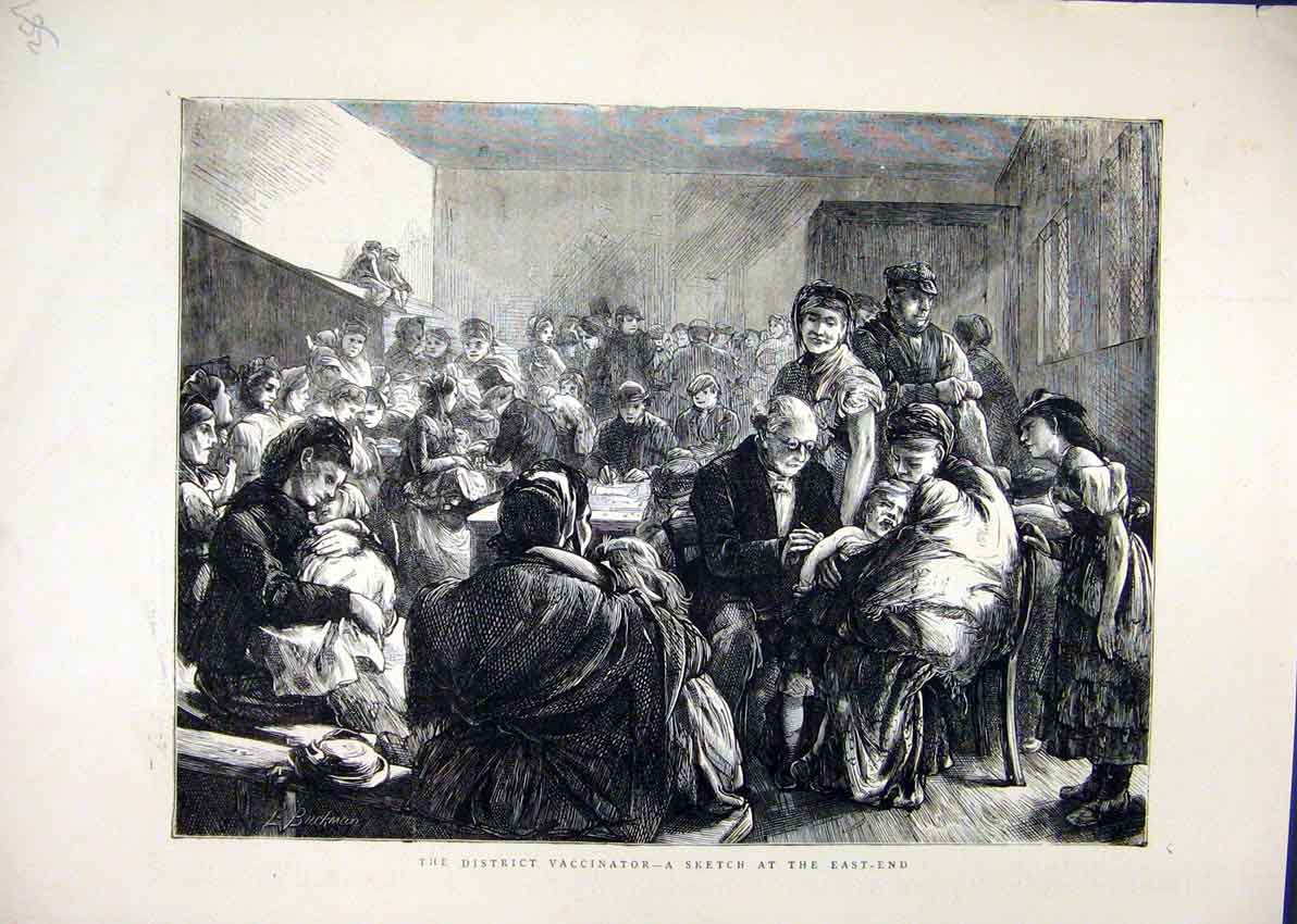 Original Old Antique Print District Vaccinator 1871 East-End London Crying Baby