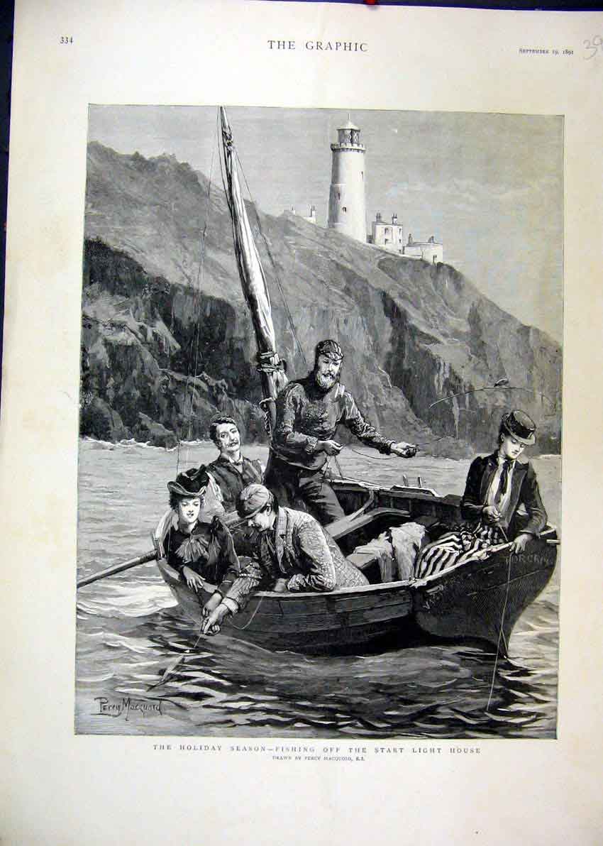 Original Old Antique Print 1891 Holiday Season Fishing Boat Light House Cliffs