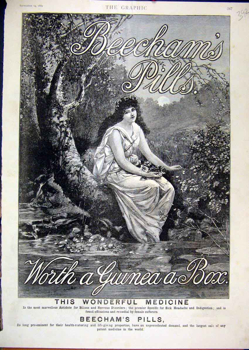 Original Old Antique Print 1889 Advert Beechams Pills Medicine Woman Flowers