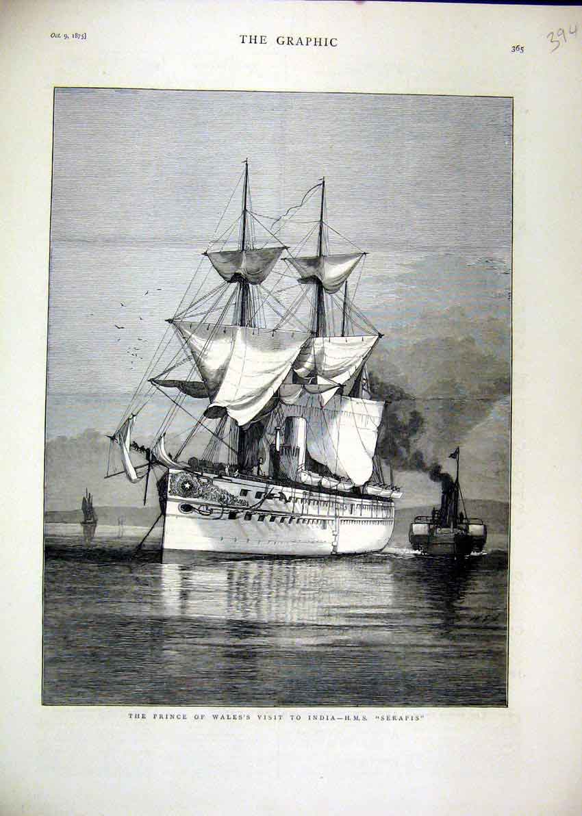 Original Old Antique Print Prince Wales 1875 Visit India H.M.S Serapis Ship 19th