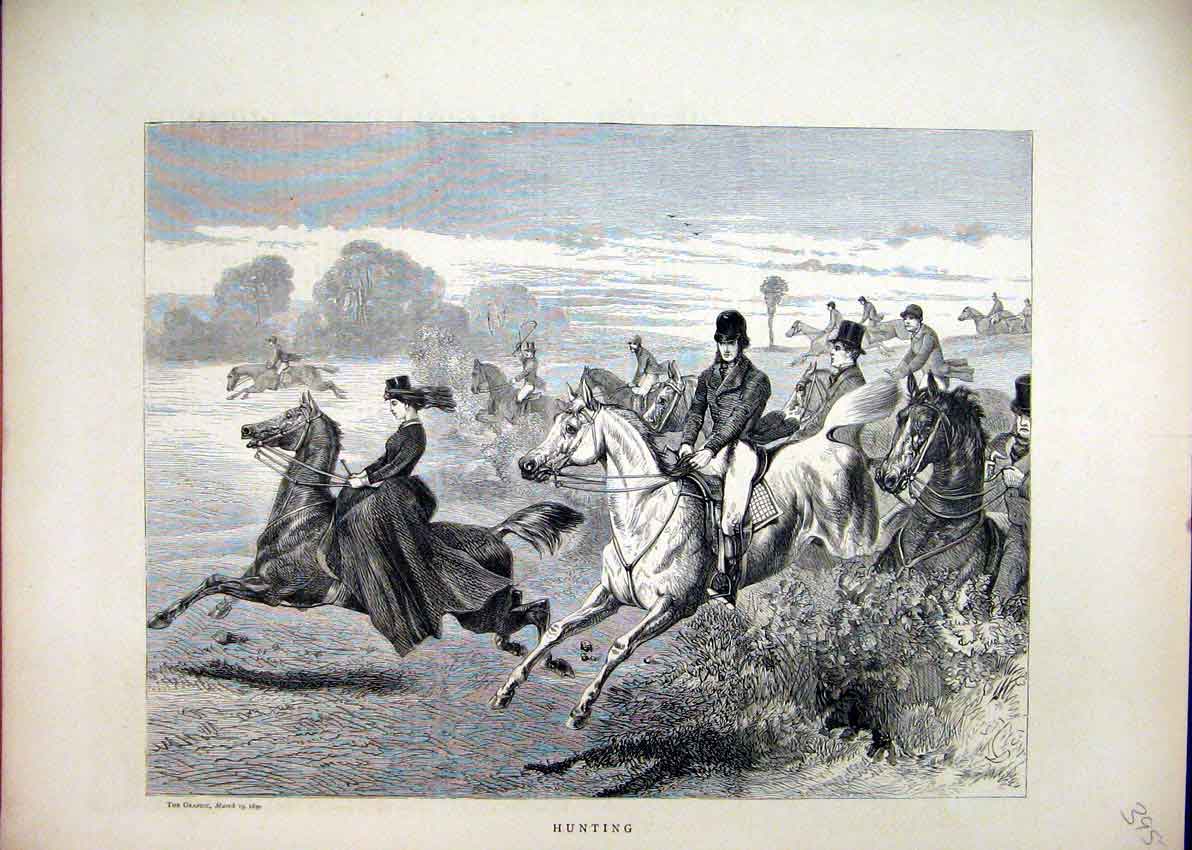 Original Old Antique Print 1870 Huntng Horses Jumping Women Men Riders Victorian