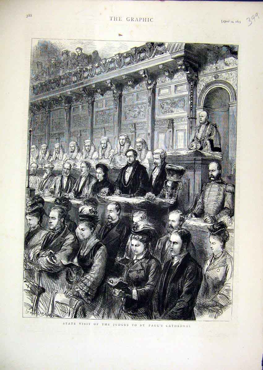 Original Old Antique Print 1875 State Visit Judges Pauls Cathedral Singing 19th