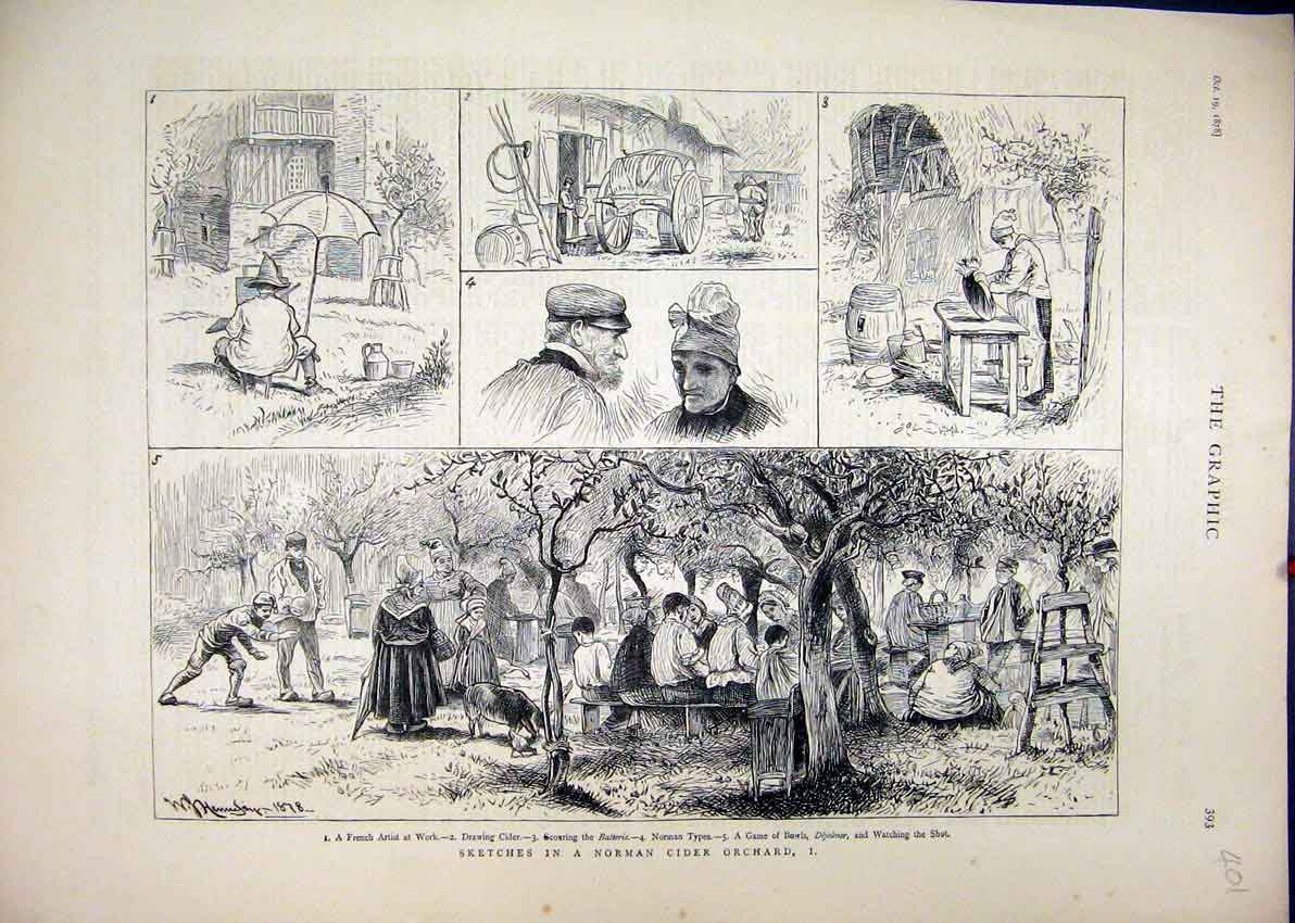 Original Old Antique Print 1878 Norman Cider Orchard French Artist Bowls Sketch