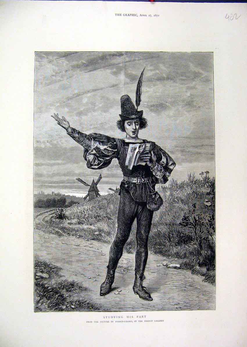 Original Old Antique Print 1872 Actor Studying Part Windmill Country Scene 19th