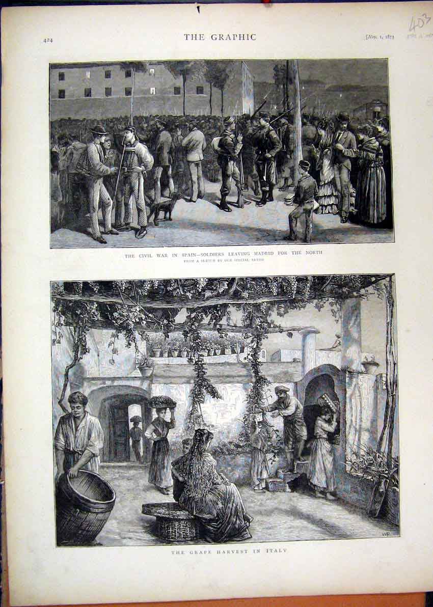 Original Old Antique Print Grape Harvest Italy Civil War Spain Siers Madrid1873