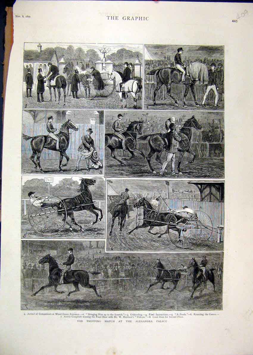 Original Old Antique Print Trotting Match Alexandra Palace 1879 Horse Racing
