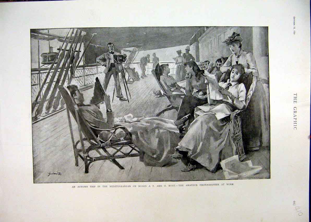 Original Old Antique Print 1890 Autumn Mediterranean P And O Boat Relaxing 19th
