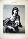 Original Old Antique Print 1873 Italian Fisher Maiden Basket Lobster Victorian