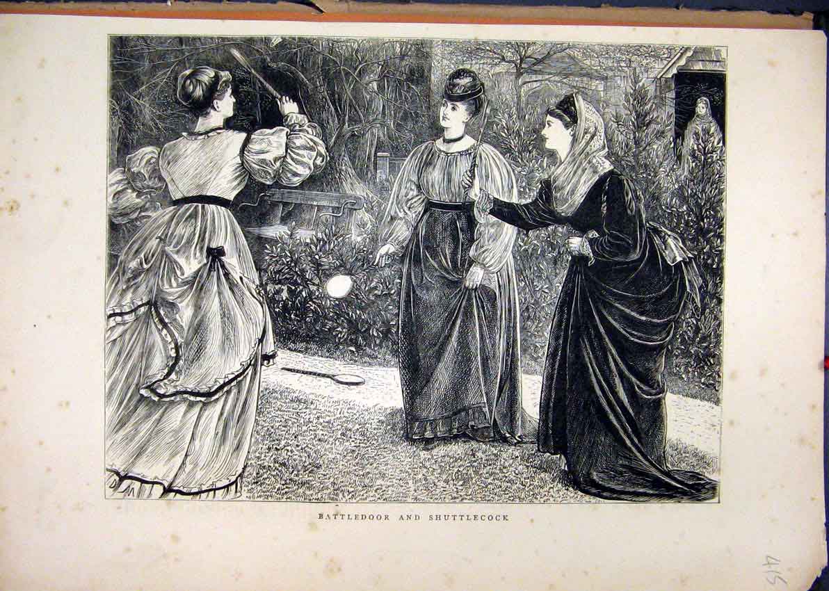 Original Old Antique Print 1871 Women Sport Battledoor Shuttlecock Garden Play