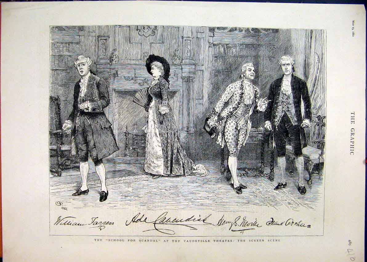 Original Old Antique Print 1882 School Scandal Vaudeville Theatre Screen Scene