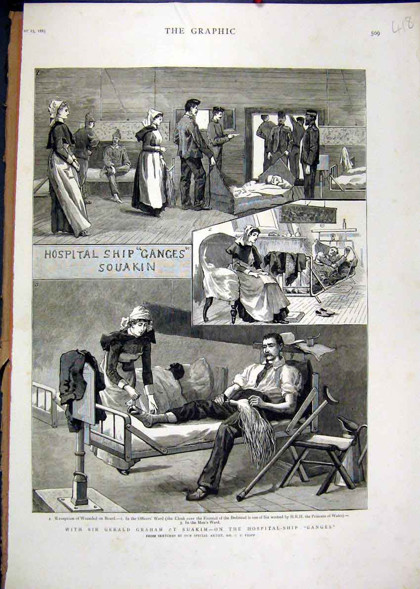 Original Old Antique Print 1885 Gerald Graham Suakim Hospital Ship Ganges Ward