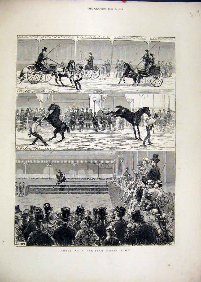 Original Old Antique Print Parisian Horse Show 1872 Trotters Tricks Jumping 19th