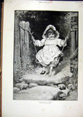 Original Old Antique Print 1892 Little Girl Swing Shoe Frilly Hat Garden Gate