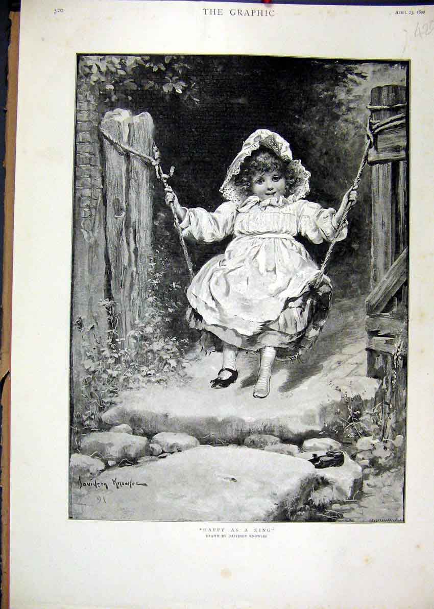 Original Old Antique Print 1892 Little Girl Swing Shoe Frilly Hat Garden Gate