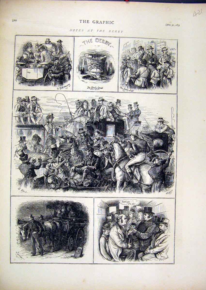 Original Old Antique Print 1873 Derby Horse Racing Carriage Road Block Victorian