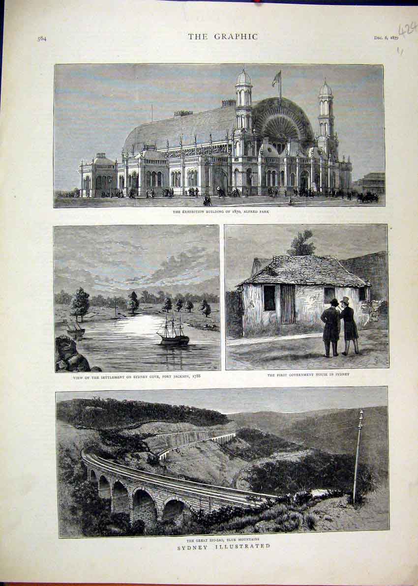 Old Antique Print 1879 Australia Blue Mountain Railway Alfred Park House 19th