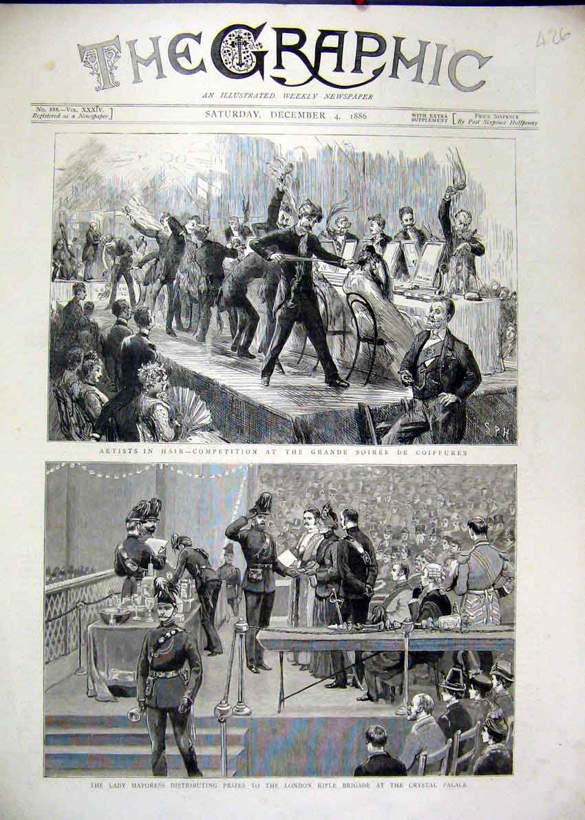 Original Old Antique Print Rifle Brigade Crystal Palace 1886 Hair Grande Soiree