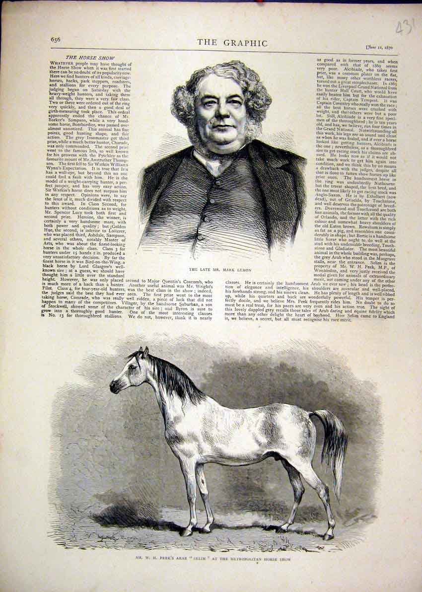 Old Antique Print Mark Lemon 1870 Horse Peek Arab Selim Metropolitan Show 19th
