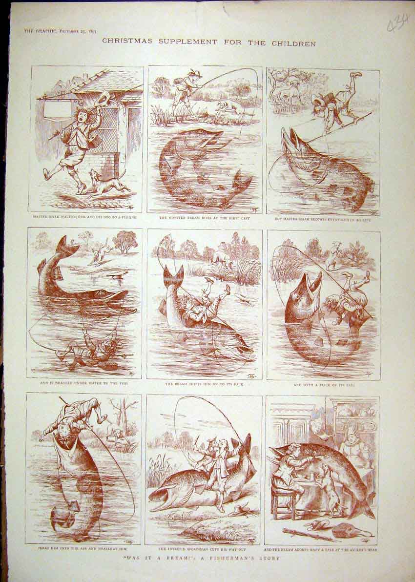 Original Old Antique Print 1893 Fishermans Story Comedy Monster Bream Rod River