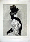 Original Old Antique Print 1889 Portrait Lady Beautiful Hat Scarf Grosvenor 19th