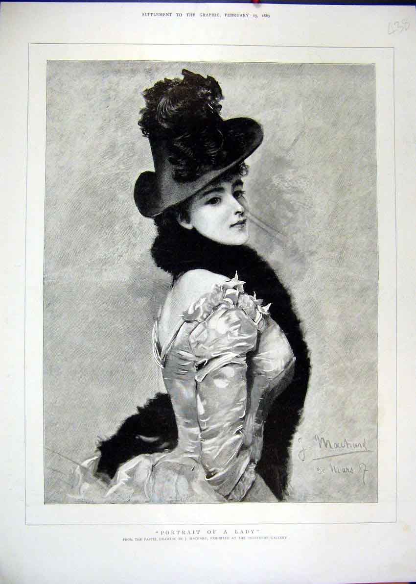 Original Old Antique Print 1889 Portrait Lady Beautiful Hat Scarf Grosvenor 19th