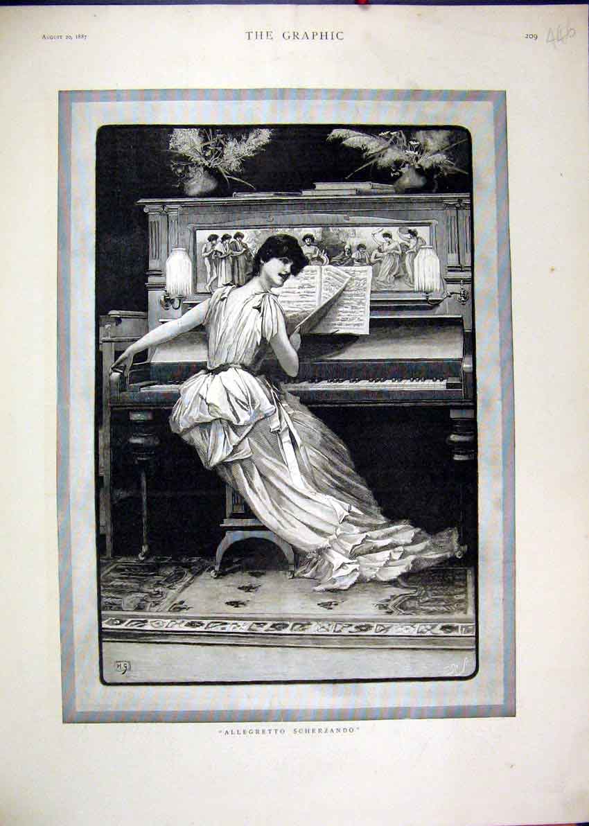 Original Old Antique Print Woman Piano Music 1887 Allegretto Scherzando 19th
