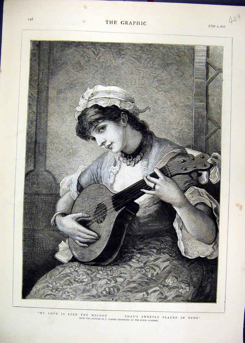 Original Old Antique Print 1878 Woman Music Romance Royal Academy 19th
