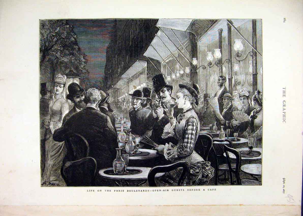 Original Old Antique Print Paris Boulevards Outdoor Guests Caf∆? 1877 Romance
