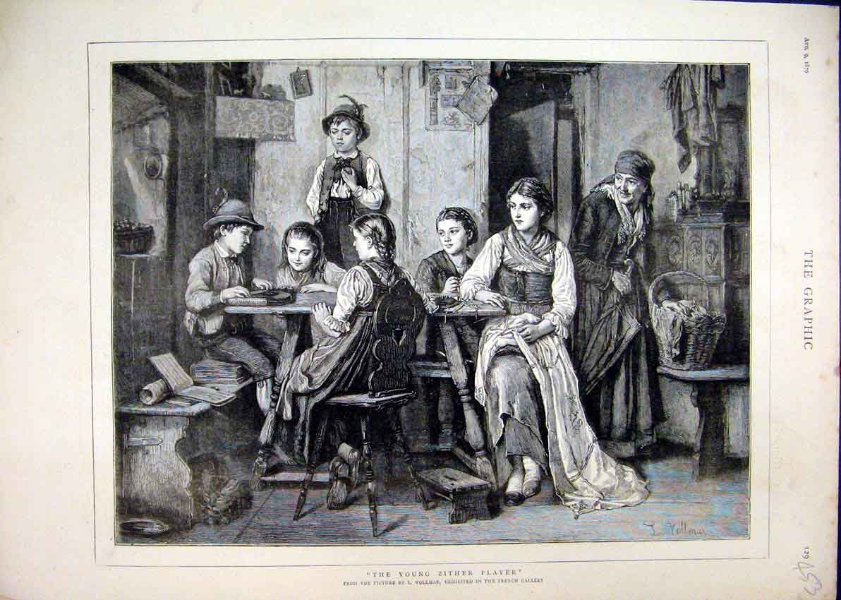 Old Antique Print 1879 Young Zither Player Children Games French Gallery 19th