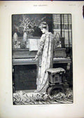 Original Old Antique Print 1891 Beautiful Woman Playing Piano Music Flowers 19th