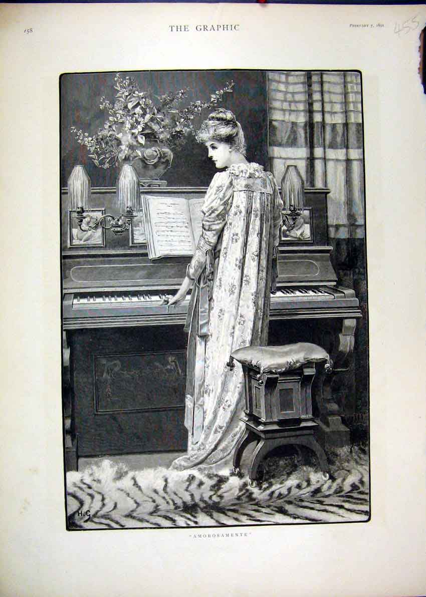 Original Old Antique Print 1891 Beautiful Woman Playing Piano Music Flowers 19th