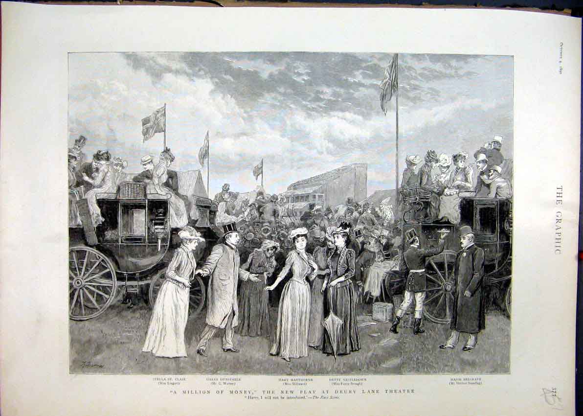 Original Old Antique Print 1890 New Play Drury Lane Theatre Million Money 19th