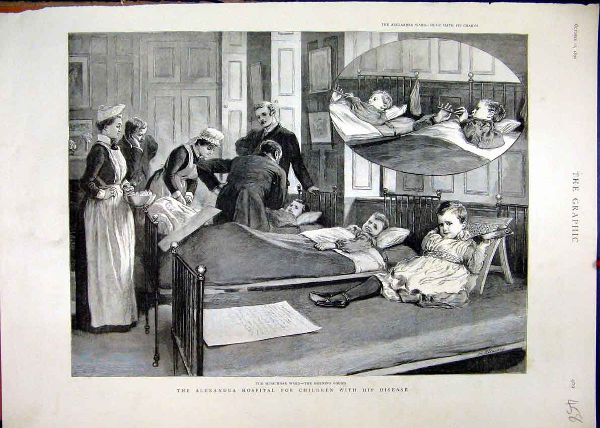 Old Antique Print 1890 Alexandra Hospital Children Hip Disease Ward Nurse 19th