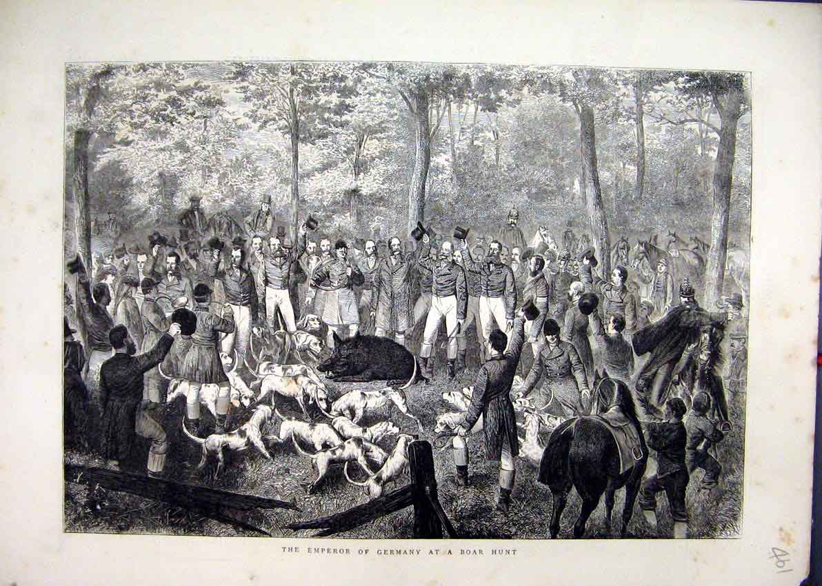 Original Old Antique Print 1871 Emperor Germany Boar Hunt Horse Hounds Men 19th