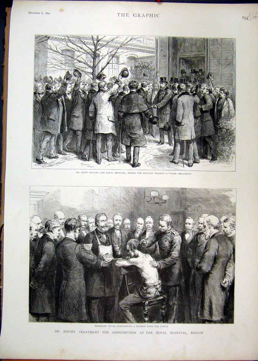 Original Old Antique Print Koch Royal Hospital Berlin 1890 Inoculating Lymph