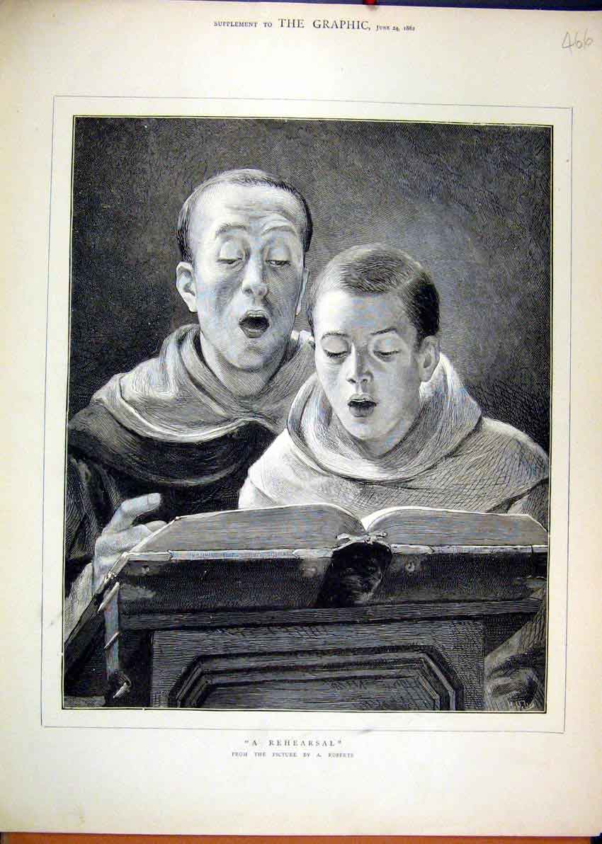 Original Old Antique Print Chior Boys Singing 1882 Music Rehearsal Hymn Book
