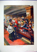 Original Old Antique Print 1889 Colour Childrens Christmas Dinner Sea Ship 19th