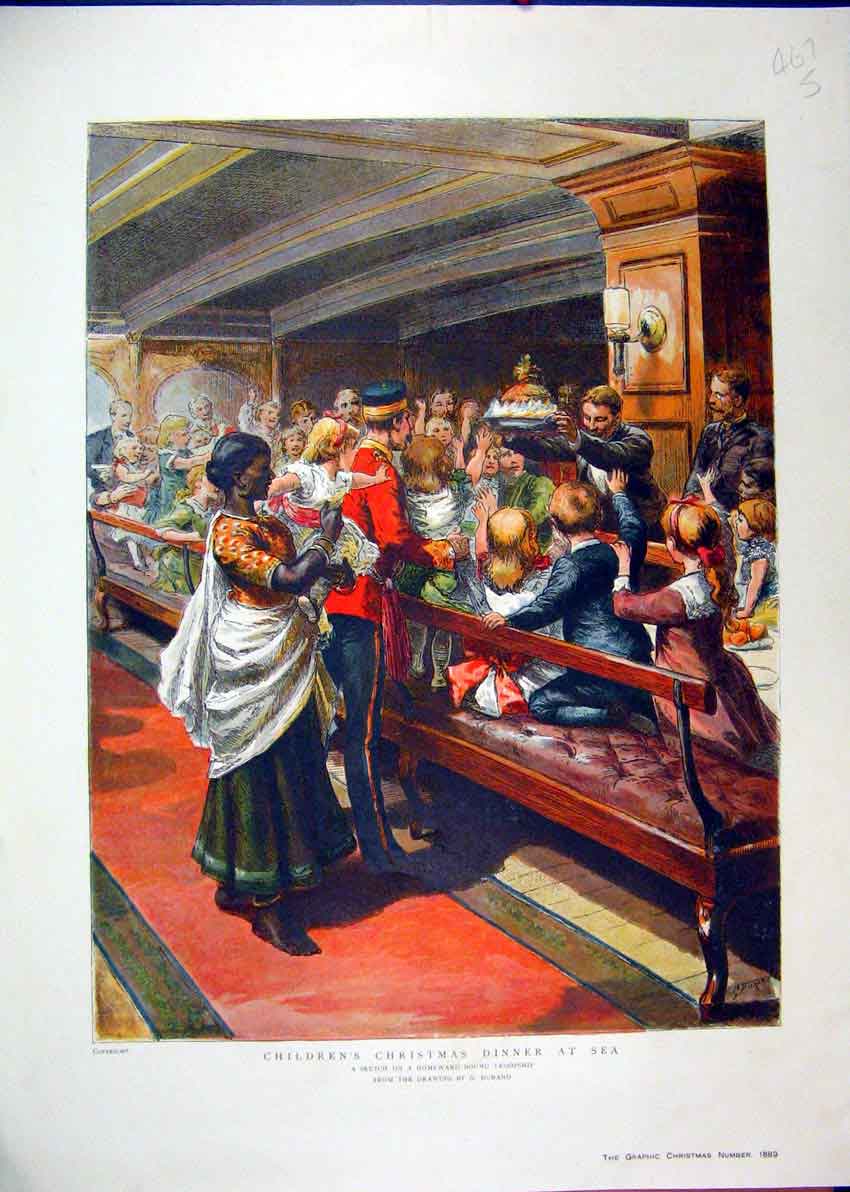 Original Old Antique Print 1889 Colour Childrens Christmas Dinner Sea Ship 19th