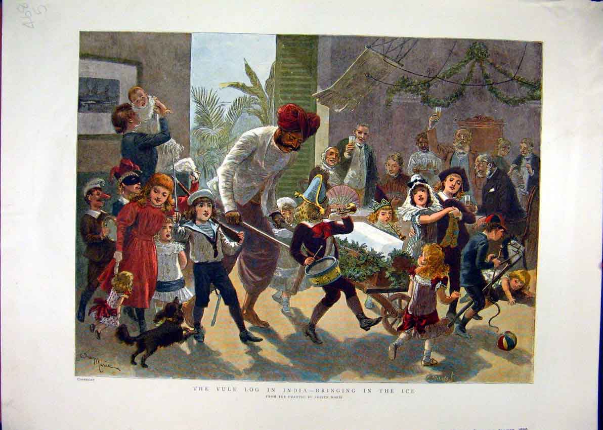 Old Antique Print Christmas Yule Log India 1889 Bringing Ice Wheelbarrow 19th