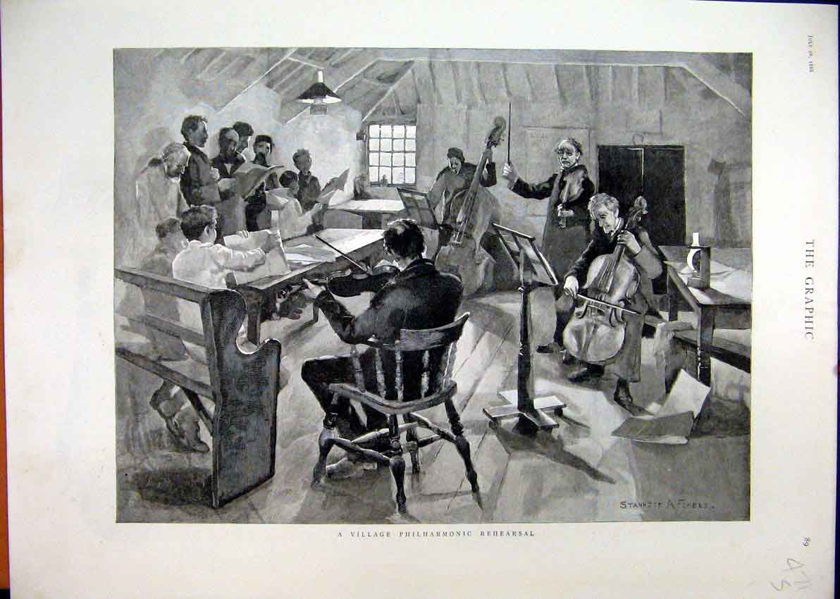 Original Old Antique Print 1888 Village Philharmonic Rehearsal Music Victorian