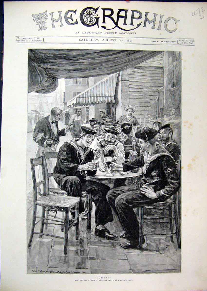 Original Old Antique Print English French Sailors Leave Port 1891 Drinking 19th
