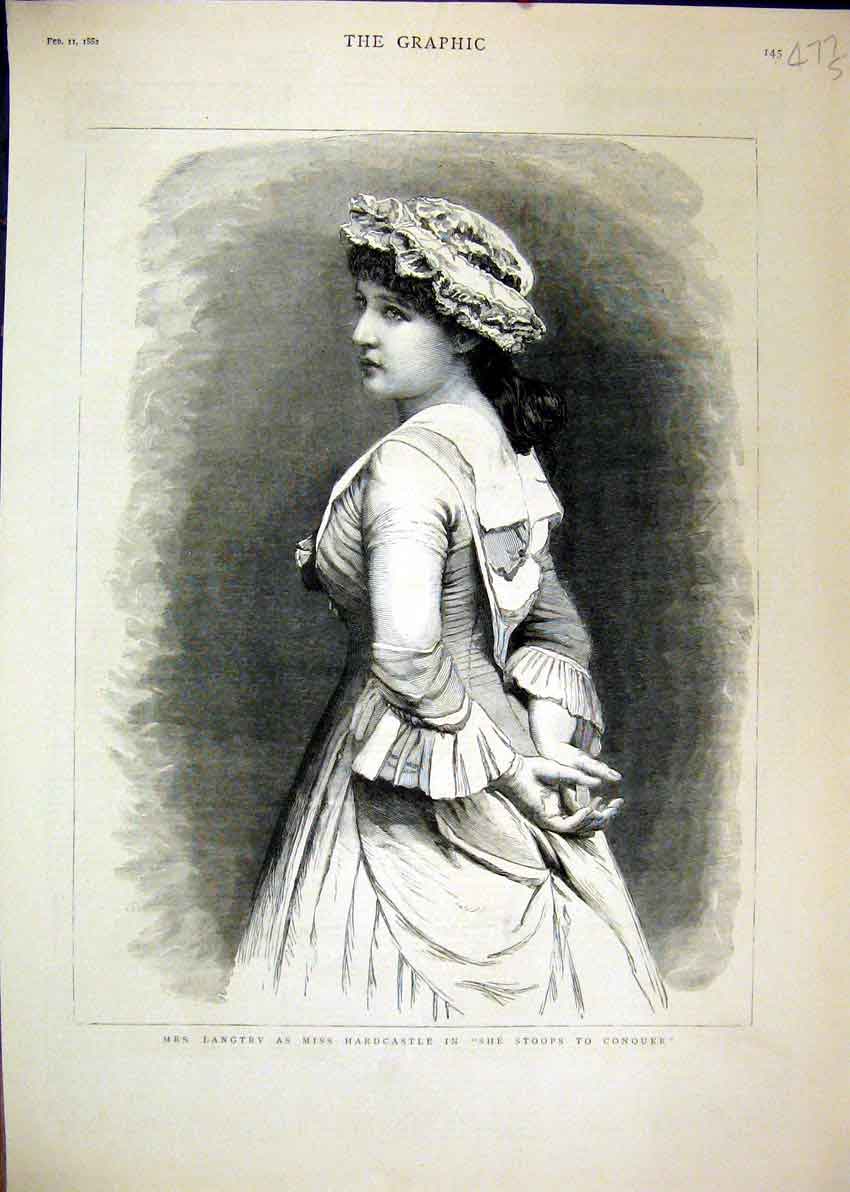 Original Old Antique Print 1881 Langtry Hardcastle Stoops Conquer Theatre 19th