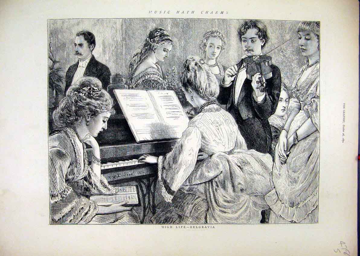 Original Old Antique Print Belgravia 1872 Rich People Music Piano Violin Romance