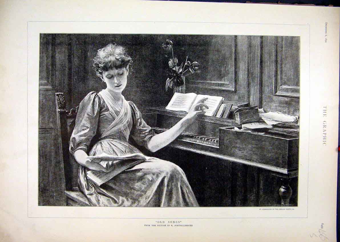 Original Old Antique Print Woman Piano Music 1890 Book Thoughfull 19th