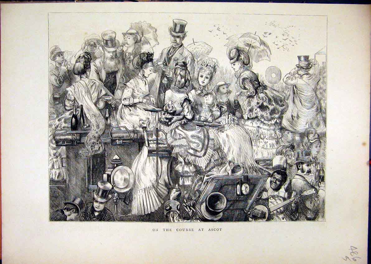 Original Old Antique Print 1870 Horse Racing Ascot Arriving Carriage Victorian