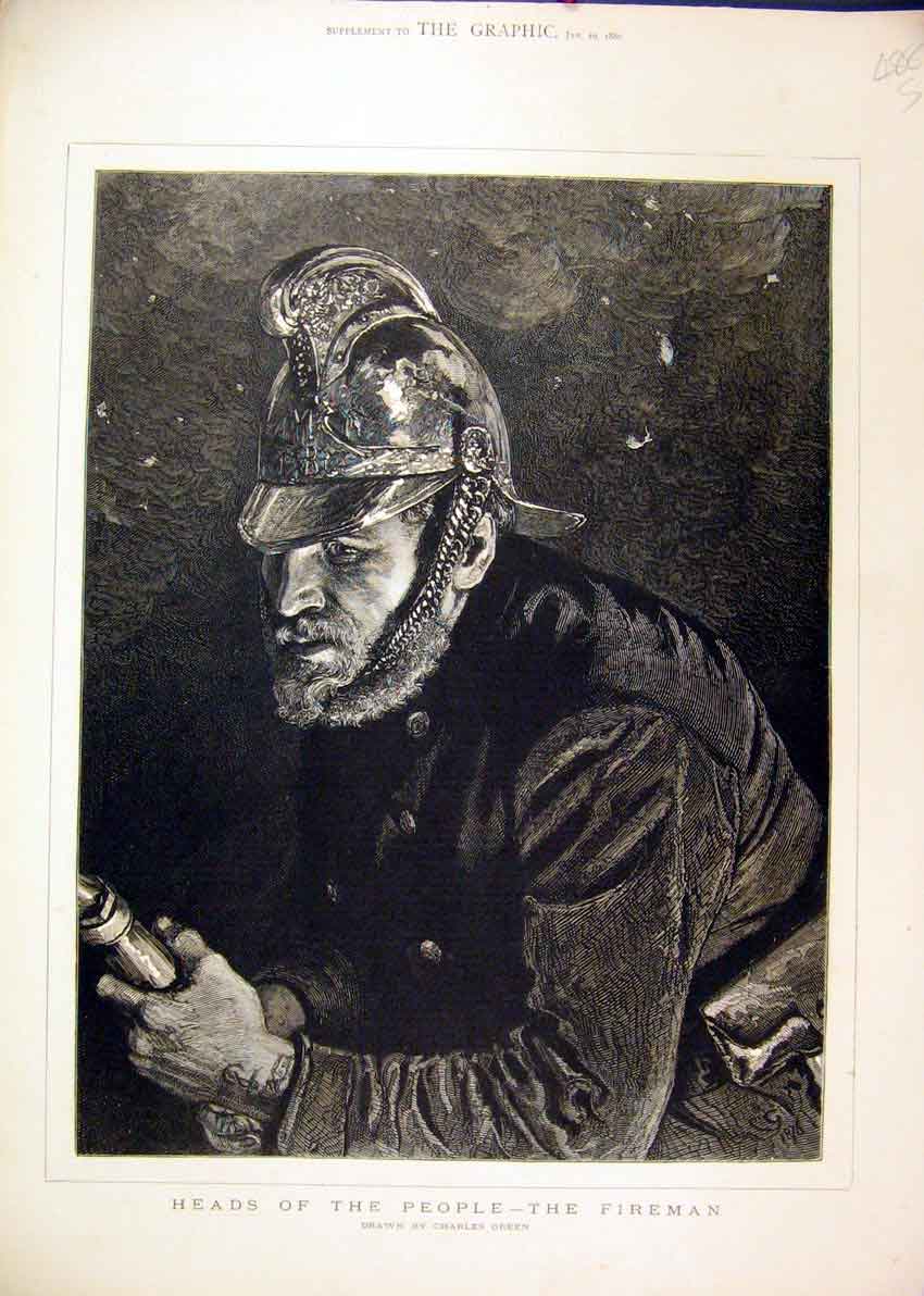 Original Old Antique Print 1880 Heads People Fireman Helmet Hose Drawing 19th