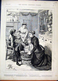 Original Old Antique Print 1876 Family Stirring Christmas Pudding 19th