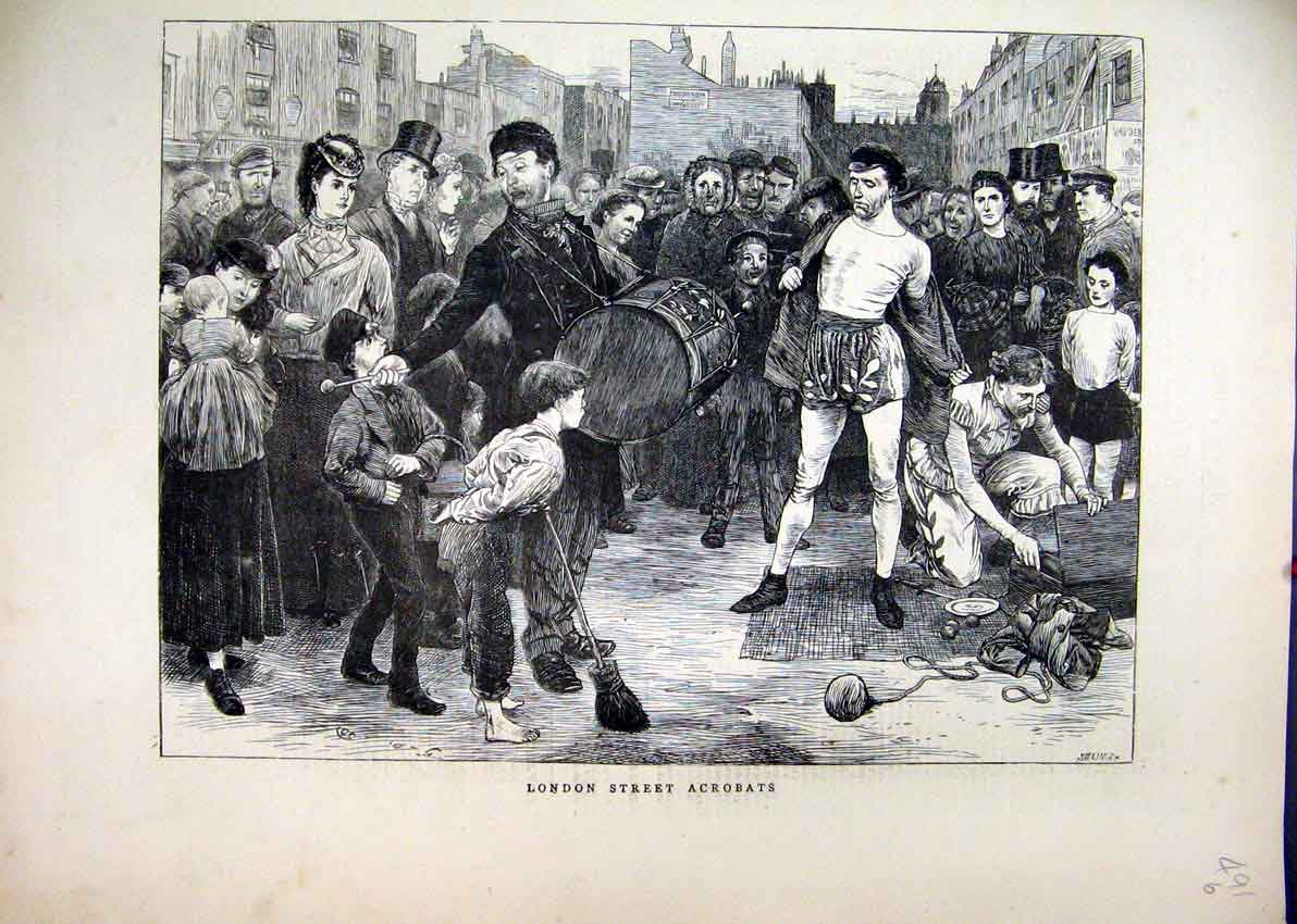 Original Old Antique Print 1861 London Street Acrobats Entertainers Victorian